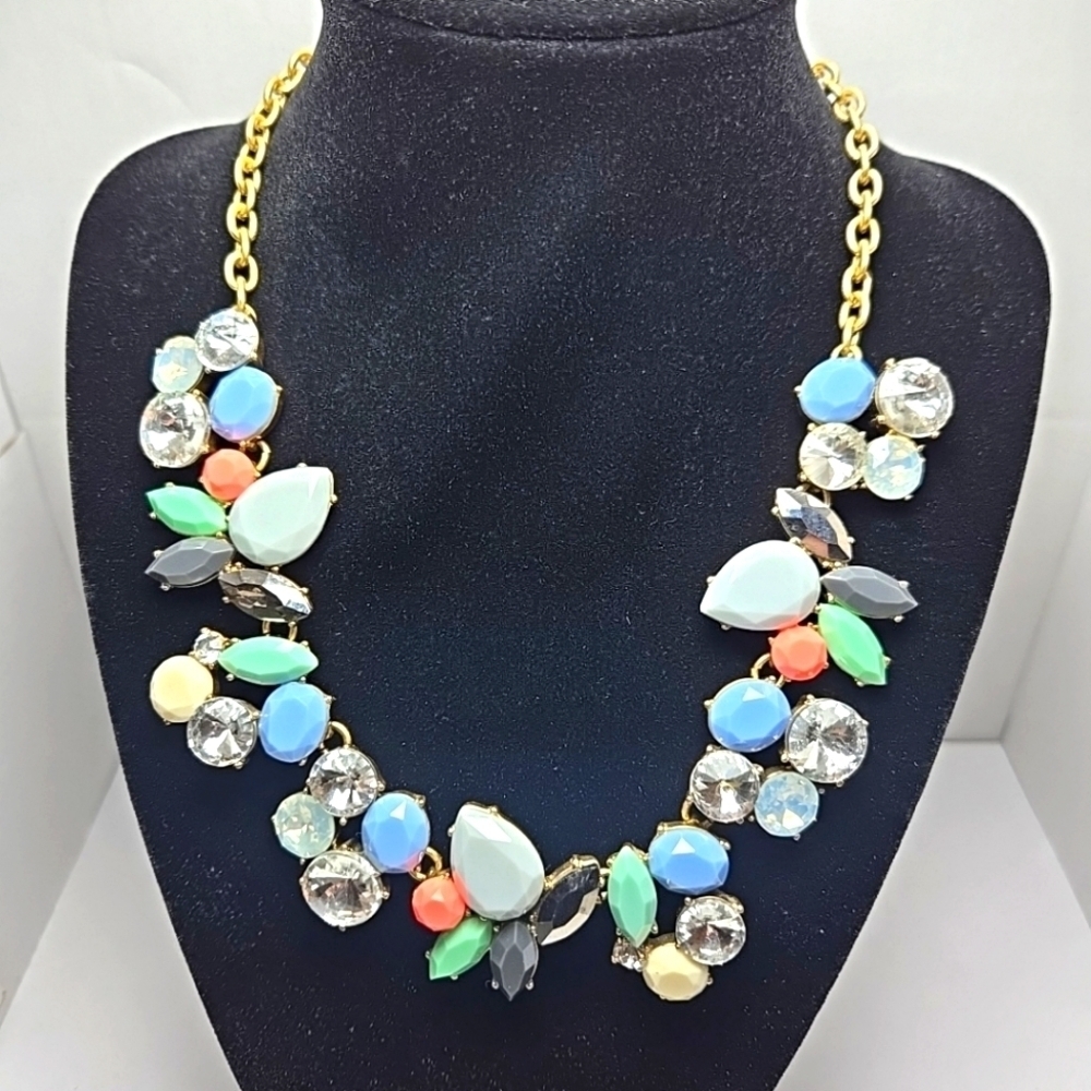J Crew Crystal Gold Colorful Gemstone Collage Statement Bib Necklace